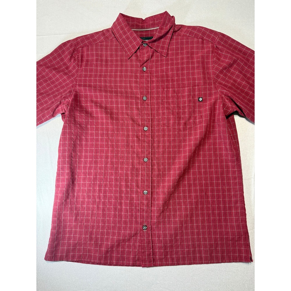 Marmot Mens Medium Red Grid Short Sleeve Button Down Shirt Rayon Blend D62720